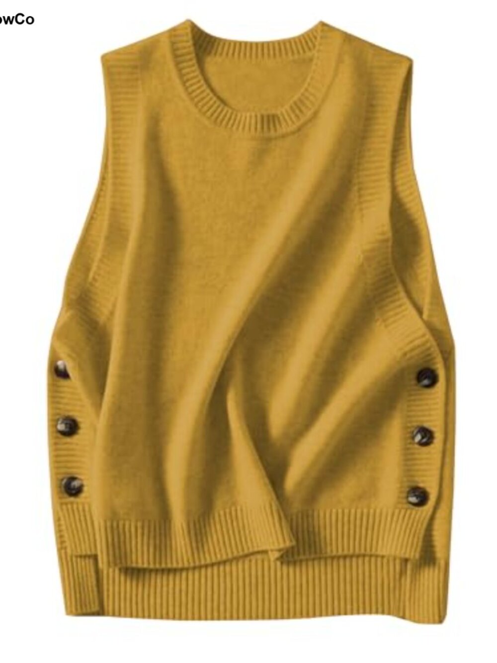 Sleeveless Ribbed Knit Sweater Vest Round Neck Button Detail
